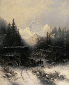 Verschneite Gebirgslandschaft. Malerisches Dorf Mit Figurenstaffage Und Tieren An Einem Winterabend by Albert Mueller-Lingke