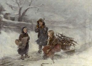 Drei Kinder Auf Verschneiter Dorfstrase by Albert Mueller-Lingke
