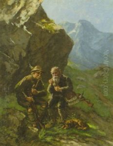 Zwei Jager Mit Hund Im Hochgebirge Bei Der Rauchpause