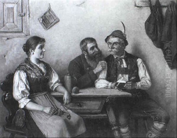 Dirndl Und Zwei Alte Bauern Bei Fr"hlichem Gesprach - view 1