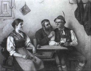 Dirndl Und Zwei Alte Bauern Bei Fr"hlichem Gesprach by Albert Mueller-Lingke