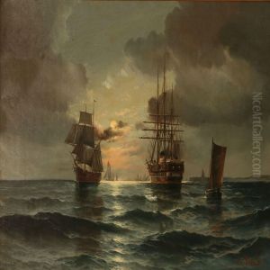 Seascape With Sailing Ships In Moonlight by Vilhelm Bille