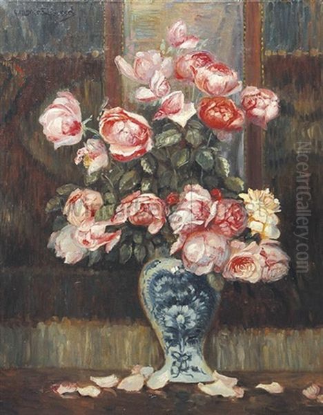 Stilleben Mit Rosenstraus In Blau-weiser Vase - view 1