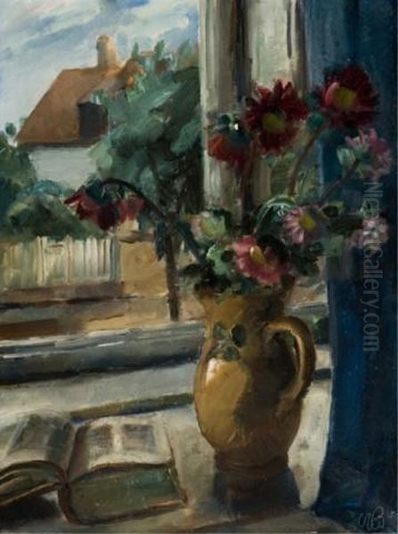 Open Book Next To Vase With Red Flowers - view 1