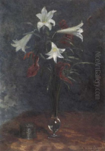 Weise Lilien Und Anthurien In Glasvase - view 1