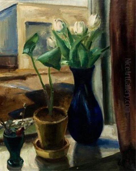 Blue Vase With Flowers Next To Potted Plants - view 1
