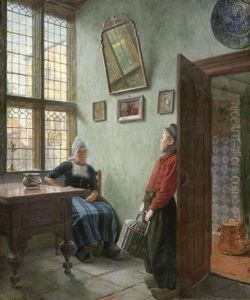 Niederlandisches Interieur (eine Frau Unterhalt Sich Mit Einem Botenjungen) by Ernst Wilhelm Mueller-Schoenefeld