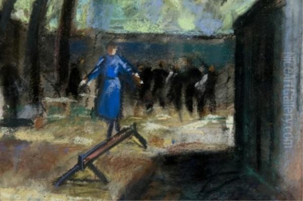Woman In Blue Walking On Balancing Beam - view 1