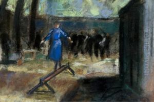 Woman In Blue Walking On Balancing Beam by Willy Bille