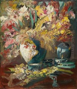 Stillleben Mit Blumenstrauss In Einer Porzellanvase by Anton Mueller-Wischin