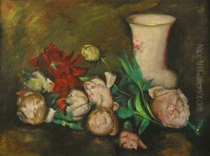 Stilleben Mit Pfingstrosen, Vor Einer Porzellanvase Drapiert