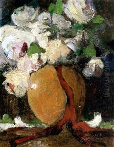 Weise Rosen In Einer Vase Mit Rotem Band by Anton Mueller-Wischin