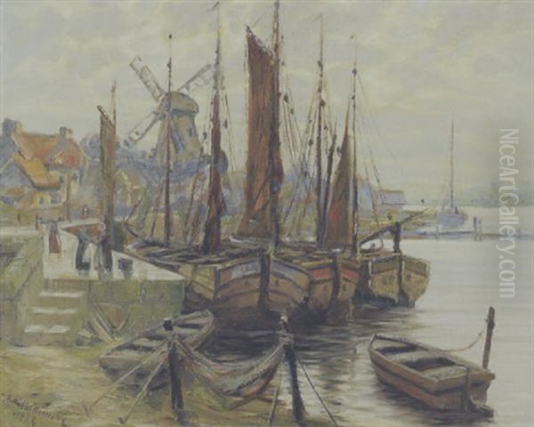 Hollandsk Havneparti Med Sejlskibe Ved Kajen, I Baggrunden Byhuse Og Molle - view 1