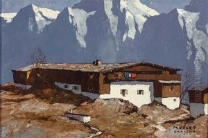 Bergbauernhof Im Sonnigen Licht Vor Gebirgskulisse by Oskar Mulley