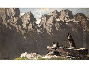 Holzerner Brunnen Mit Trog Vor Dem Panorama Der Hochalpenkette by Oskar Mulley