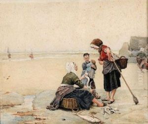 Femmes Et Fillettes De Pecheur Sur La Plage by Pierre Billet