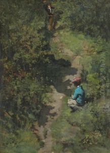 Deux Enfants Sur Un Chemin Dans Une Foret by Pierre Billet