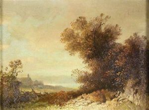 Herbstliche Landschaft. Im Hintergund Ein Kirchdorf An Einem See by Oskar Mulley