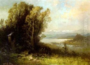 In Den Voralpen - Bewaldete Seelandschaft Mit Marterl by Oskar Mulley