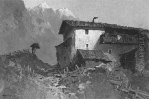 Bergbauernhof Vor Machtiger Gebirgskulisse Im Abendlicht by Oskar Mulley