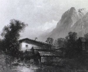 Bergbauernhof Zwischen Herbstlich Gef,rbten Baumen Vor Gebirgsmassiv