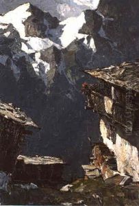 Durchblick Zwischen Bauernhausern Am Hang Auf Das Bergmassiv by Oskar Mulley