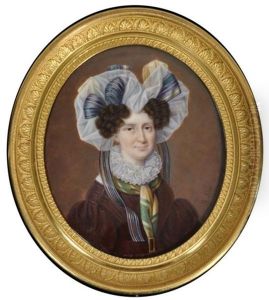 Portrait De Femme En Robe Brune Ornee D'un Col En Dentelle Et La Tete Couverte D'un Enorme Fichu