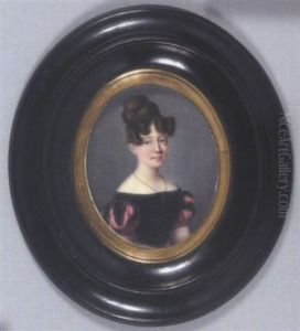 Jeune Fille En Robe De Velours Noir A Manches Ballon A Soufflets De Satin Rose, Ses Cheveux Remontes En Chignon A Coques
