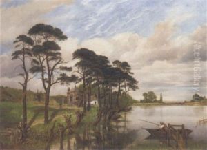A Fisherman In A Lake Landscape A Fisherman In A Lake Landscape