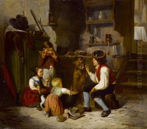 Kucheninterieur Mit Kindern Beim Spiel Mit Puppen Und Futtern Des Hundchens