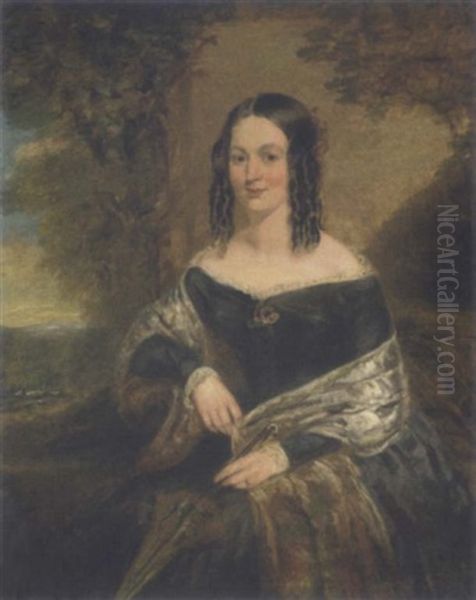 Portrait Of A Lady, Seated, In A Blue Dress With A Patterned Shawl And Parasol, A Floral Brooch On Her Chest, In A Landscape - view 1