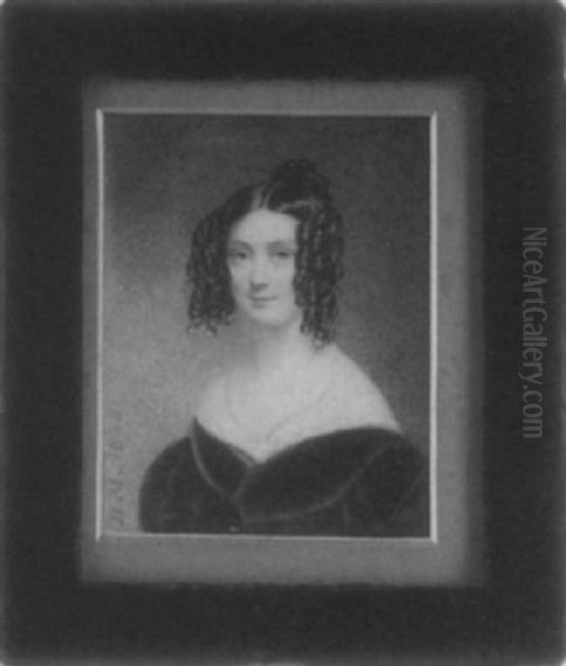 A Lady Wearing Green Velvet Dress With White Underdress, A Blue Ribbon At Her Neck, Her Dark Brown Hair In Ringlets - view 1