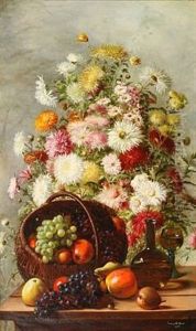 Still Life With Chrysanthemum In A Vase And A Basket With Grapes And Apples by Emma Mulvad