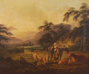 A River Landscape With Thatched Cottage, A Family And Livestock In The Foreground by John George Mulvany