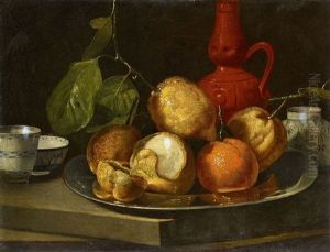 Still Life With Citrus Fruits In A Pewter Dish And Chinese Porcelain by Cristoforo Munari