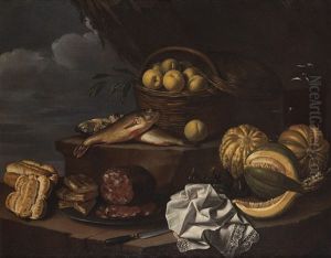Natura Morta Con Pane, Salumi, Frutta E Pesci