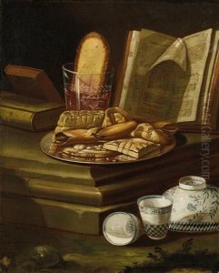 Still Life With Pastries, An Open Book And Porcelain by Cristoforo Munari
