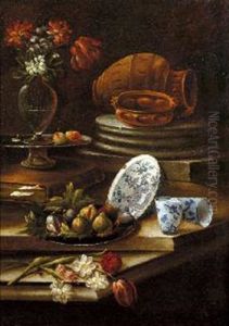 Natura Morta Con Frutti, Vaso Fiorito E Stoviglie And Natura Morta Con Frutti E Ceramiche (2 Works)