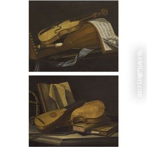 A Still Life Of A Violin, A Lute And A Recorder On A Table (+ A Still Life Of A Violin And A Lute On A Table With Books; Pair)