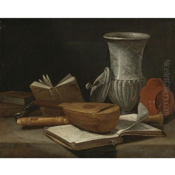 Still Life With A Lute, A Recorder, Books, A Marble Covered Vase And Other Objects Resting On A Table - view 1