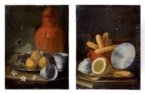 Figues, Fleurs Et Porcelaine De Chine A Decor Bleu Et Blanc D'epoque Ming (+ Citrons, Boudoirs Et Porcelaine De Chine A Decor Bleu Et Blanc D'epoque Ming; Pair) by Cristoforo Munari