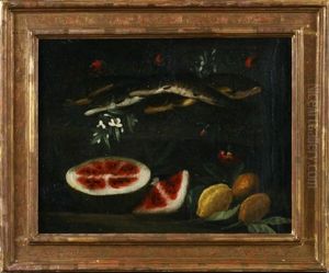 Stilleben Mit Fischen, Melone Und Zitronen Zwischen Blumen Stilleben Mit Fischen, Melone Und Zitronen Zwischen Blumen