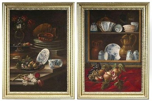 Glasschrank Mit Chinesischem Porzellan, Fruchten Und Anderen Gegenstanden (+ Another, Similar; Pair) - view 1