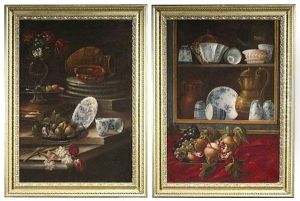 Glasschrank Mit Chinesischem Porzellan, Fruchten Und Anderen Gegenstanden (+ Another, Similar; Pair) by Cristoforo Munari