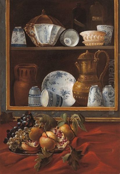 Un Piatto Di Frutta Posto Davanti Una Dispensa Quasi In Forma Di Trompel'oeil Contenente Vasellame Di Vario Tipo E Liquori, (+ Another Similar; Pair) - view 1