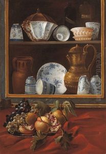 Un Piatto Di Frutta Posto Davanti Una Dispensa Quasi In Forma Di Trompel'oeil Contenente Vasellame Di Vario Tipo E Liquori, (+ Another Similar; Pair)