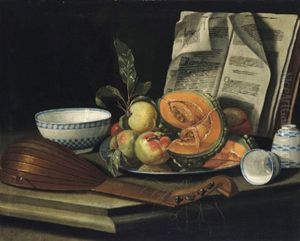 Natura Morta Con Liuto, Frutta E Porcellana: Stillleben Mit Einer Laute, Fruchten Und Porzellangeschirr by Cristoforo Munari