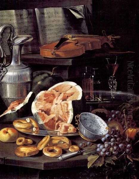 Natura Morta Con Spartito, Violino, Brocca Con Peltro, Alzata Con Bicchieri, Piatto Con Anguria E Dolci, Ciatola Di Porcellana Cinese E Uva - view 1