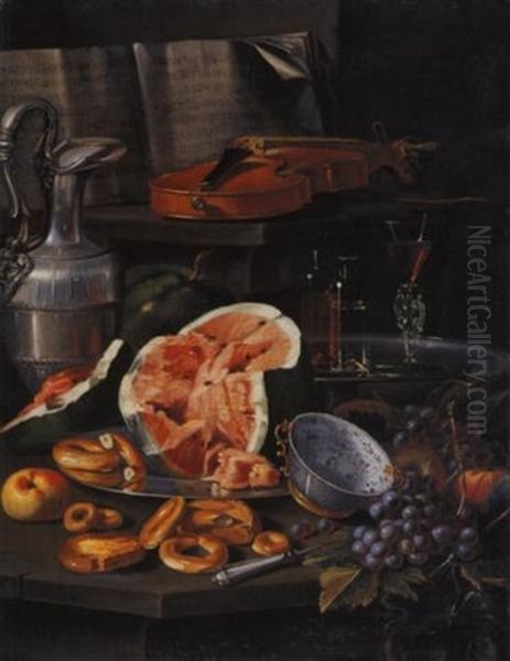 Natura Morta Con Spartito, Violino, Brocca Con Peltro, Alzata Con Bicchieri, Piatto Con Anguria E Dolci, Ciotola Di Porcellana Cinese E Uva - view 1