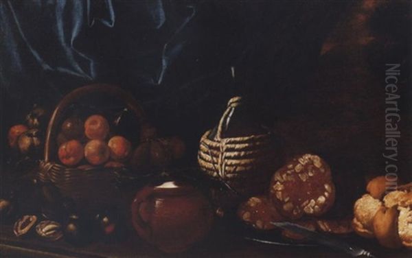 Peaches, Figs And Apples In A Basket, An Earthenware Jar, Salame On A Pewter Plate With A Knife, A Bottle And Bread On A Stone Ledge, A View To A Landscape Beyond - view 1